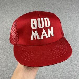 VTG Bud Man Budweiser Hat Snapback Trucker Anheuser-Busch Beer Red 6 7/8 USA 80s